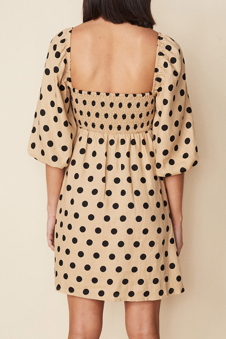 Dotted Puff Sleeve Square Neck Summer Mini Dress - Coffee Fashionpara
