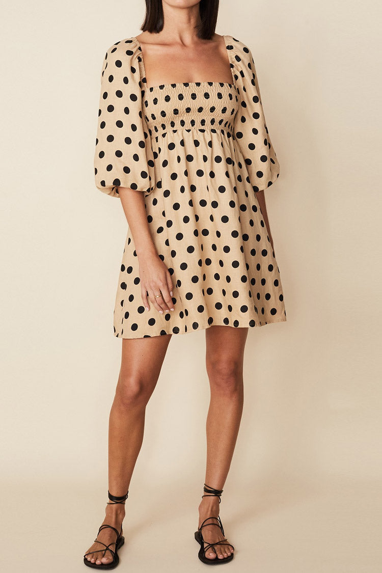 Dotted Puff Sleeve Square Neck Summer Mini Dress - Coffee Fashionpara