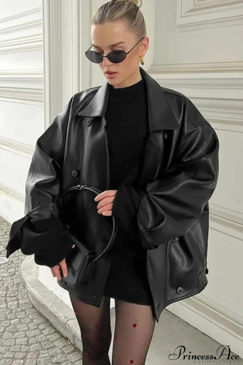Double Breasted Black Lapel Leather Coat