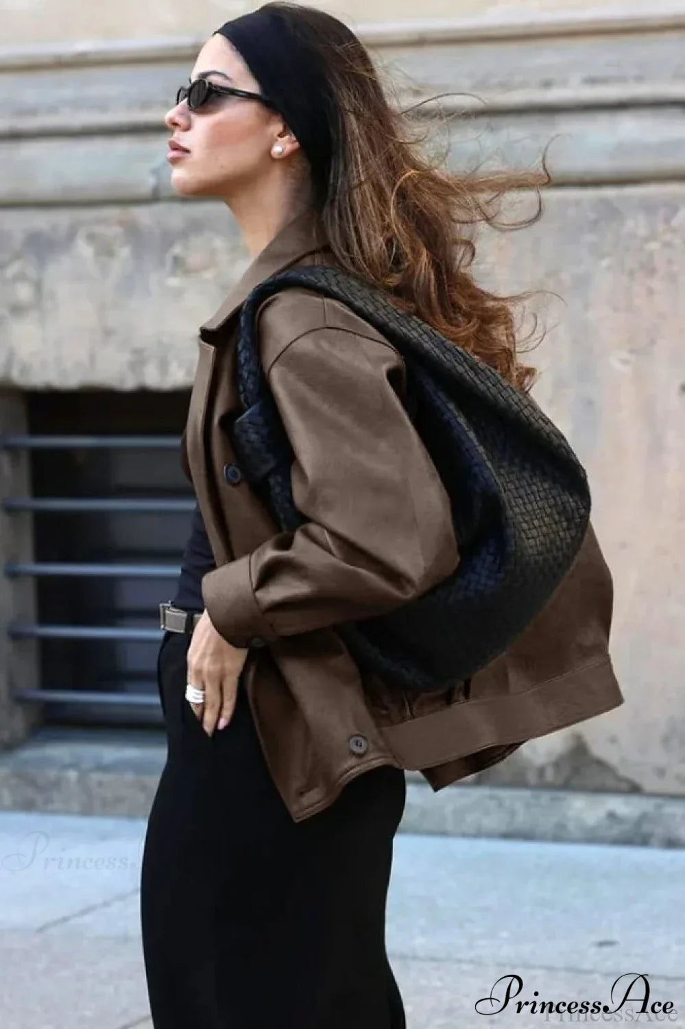 Double Breasted Black Lapel Leather Coat