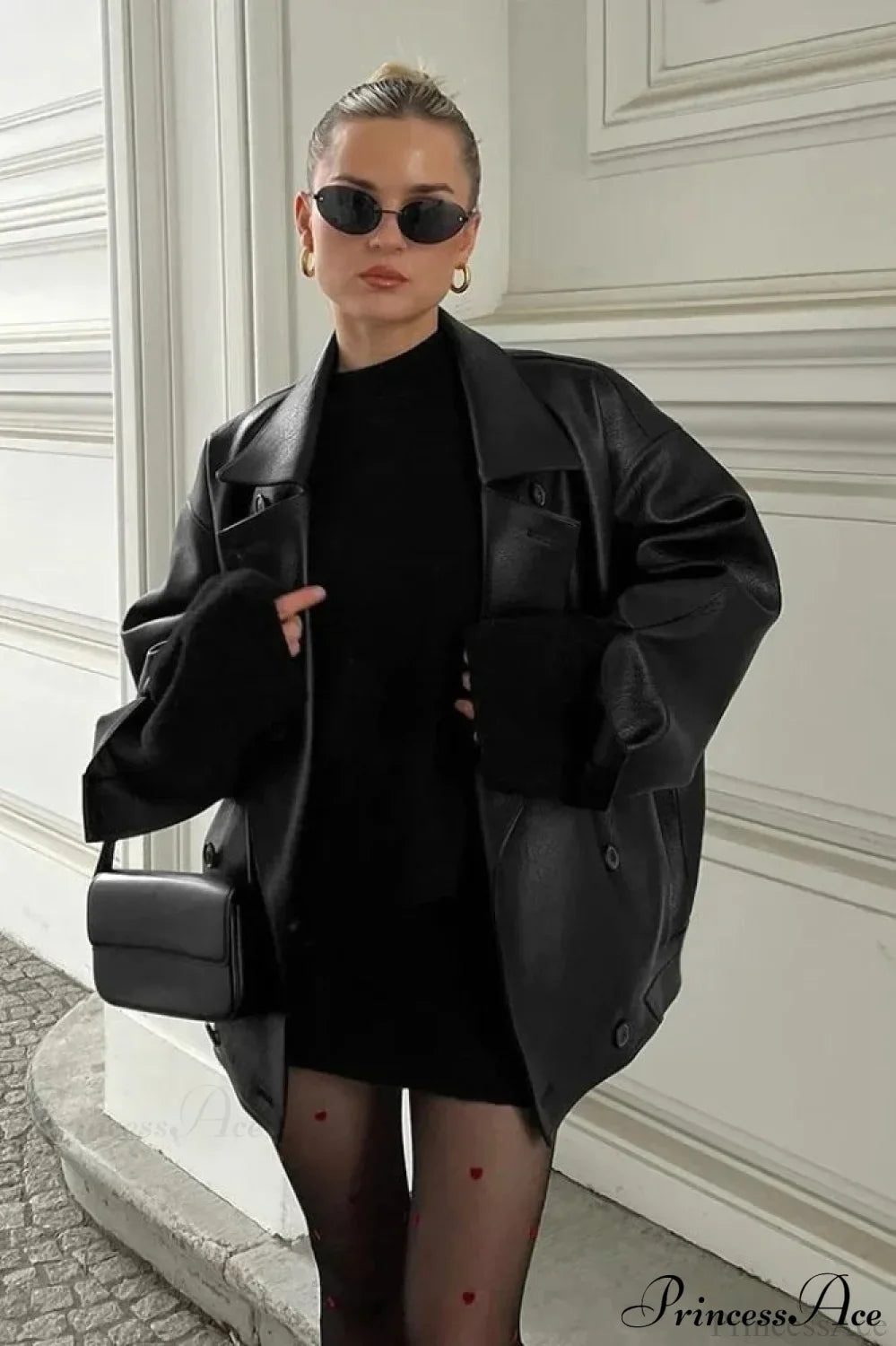 Double Breasted Black Lapel Leather Coat