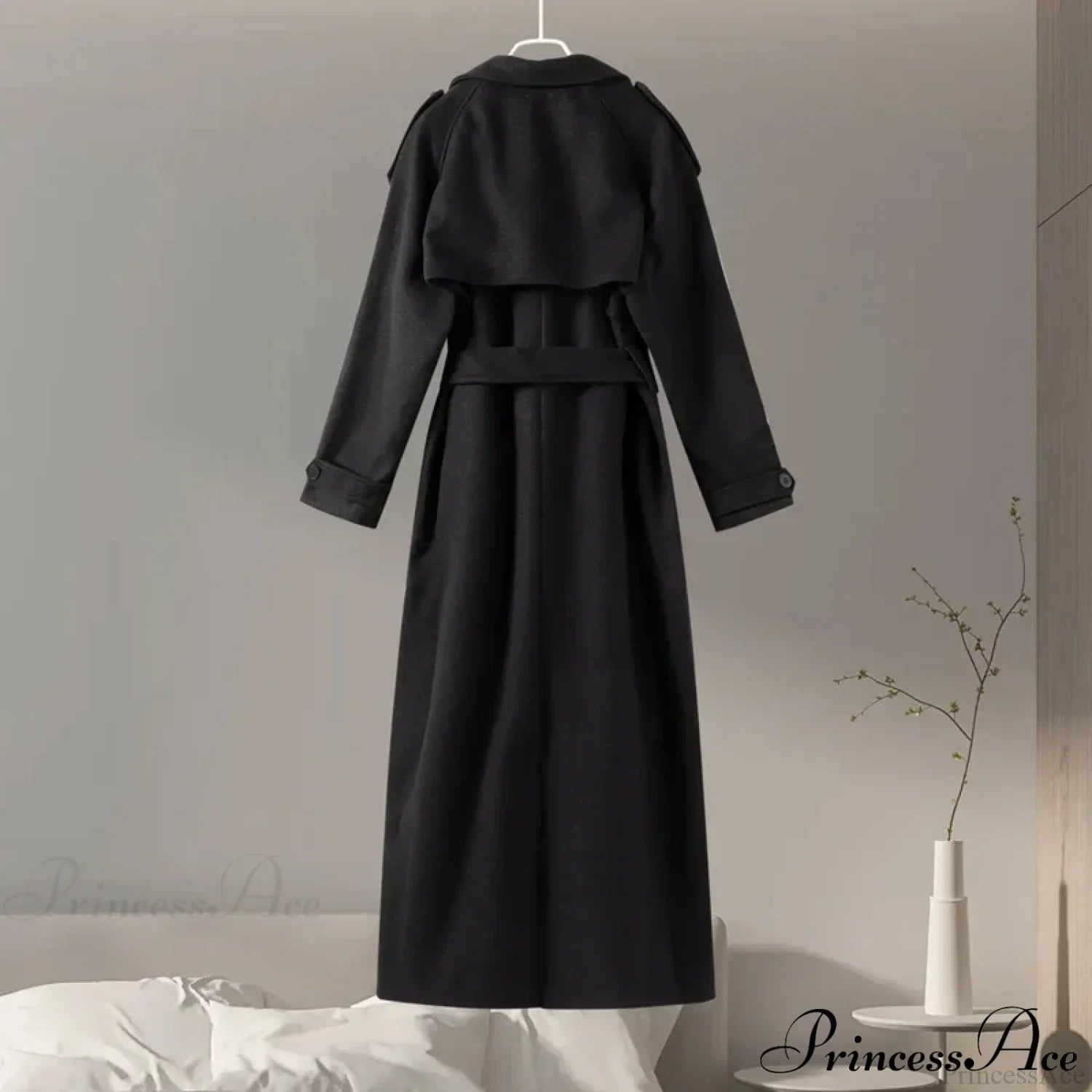 Double-Breasted Wool Belted Overcoat Black / S