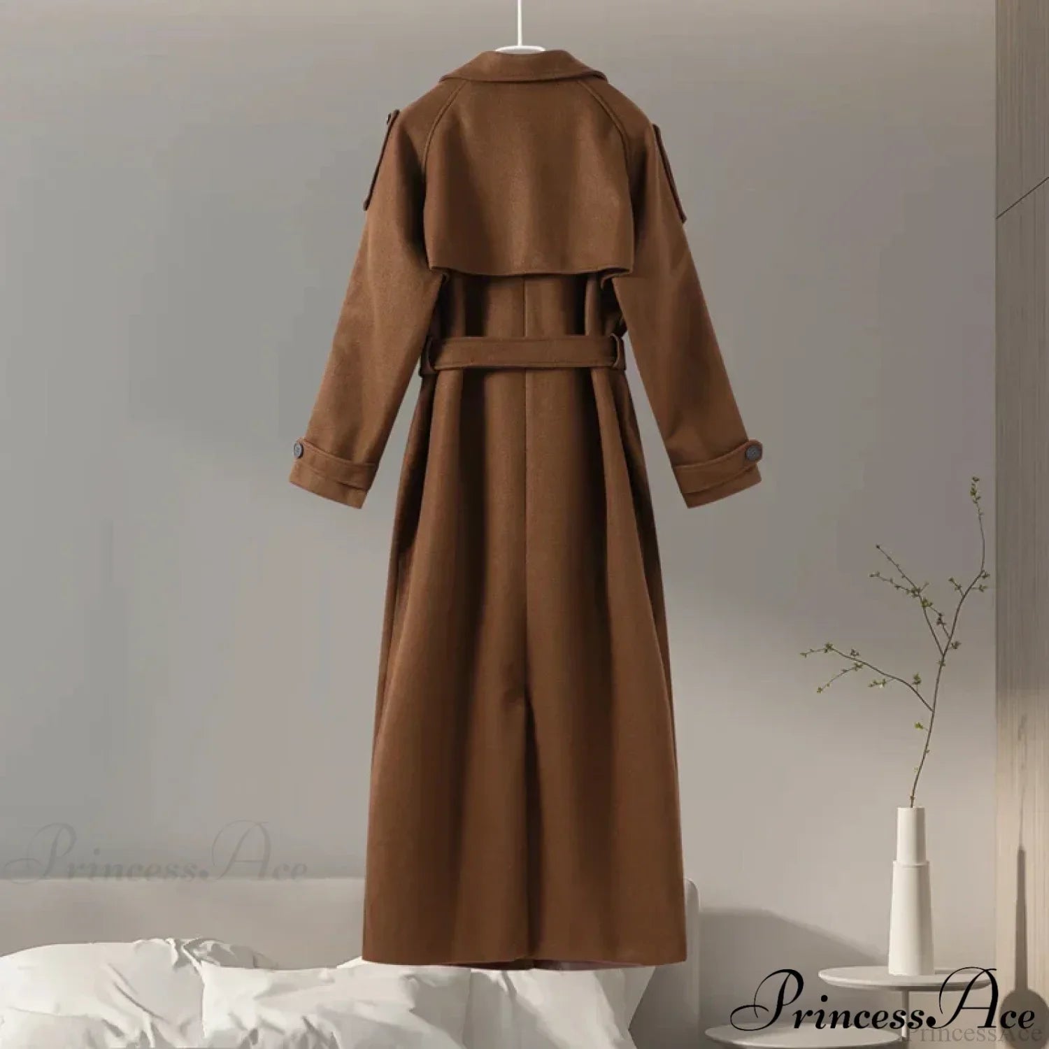 Double-Breasted Wool Belted Overcoat Brown / S