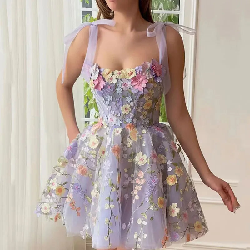 Floral Applique Tulle Puff Sleeve Corset A-Line Mini Dress - View 3