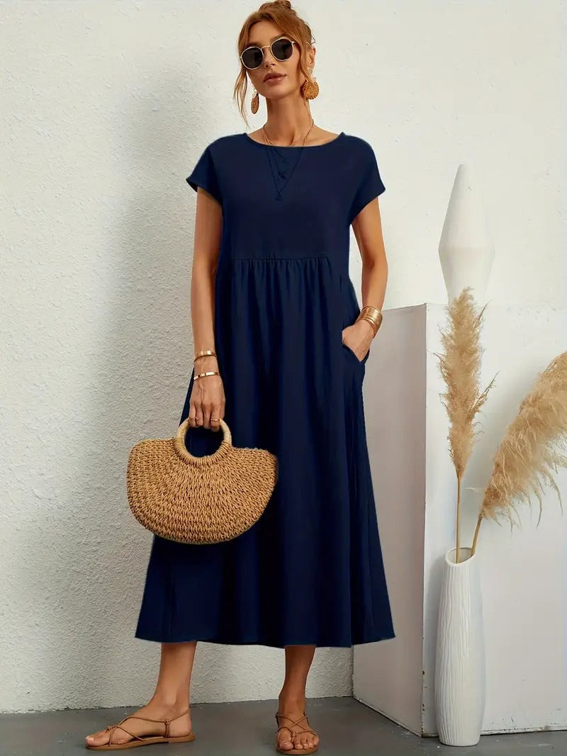 Cap Sleeve Round Neck Smocked Empire Waist Pocket Midi Dress - View 3