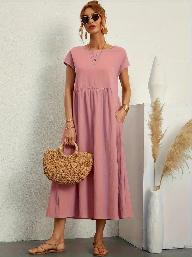 Cap Sleeve Round Neck Smocked Empire Waist Pocket Midi Dress - View 4