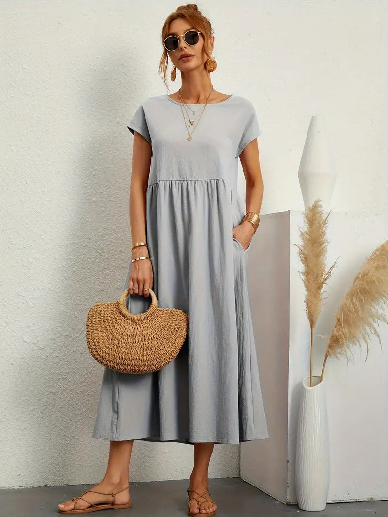 Cap Sleeve Round Neck Smocked Empire Waist Pocket Midi Dress - View 9