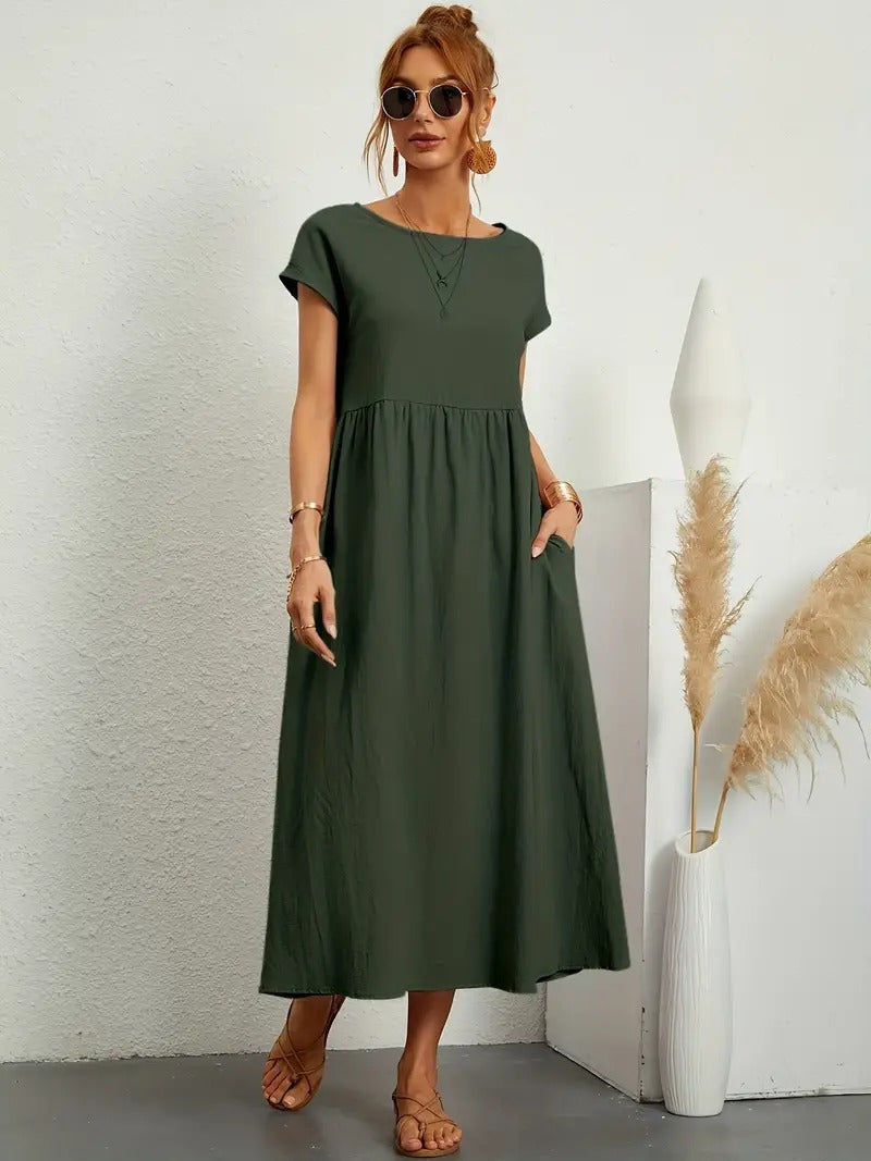 Cap Sleeve Round Neck Smocked Empire Waist Pocket Midi Dress - View 11