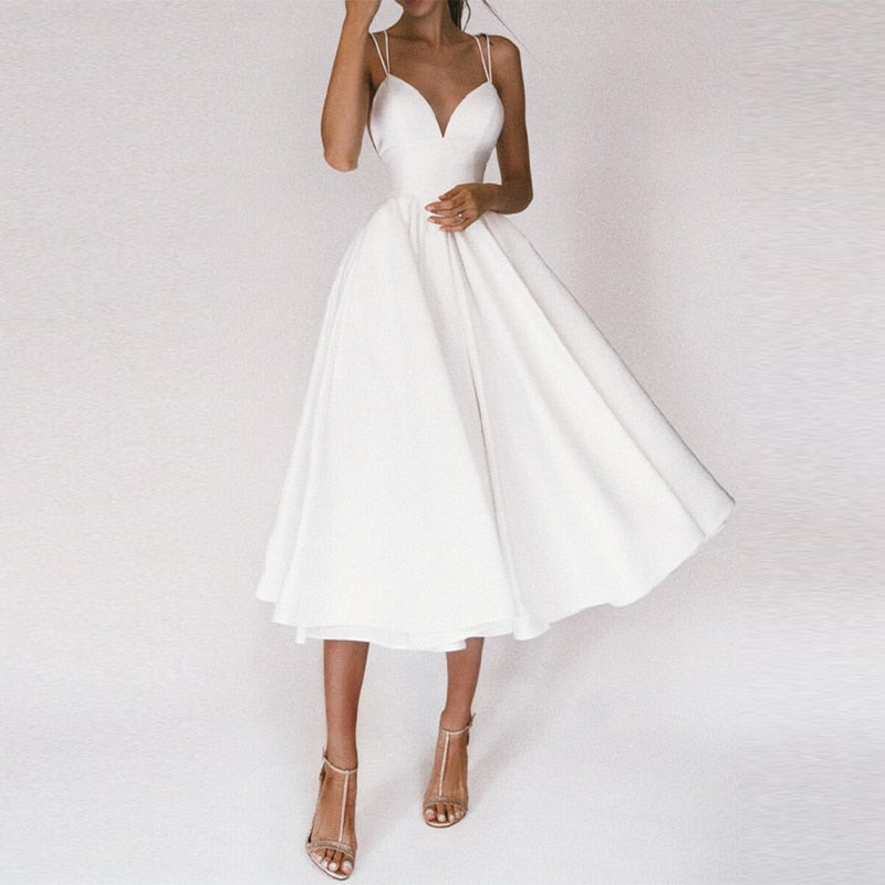 Double Strap Deep V-Neck Cinched Waist Midi Cocktail Dress