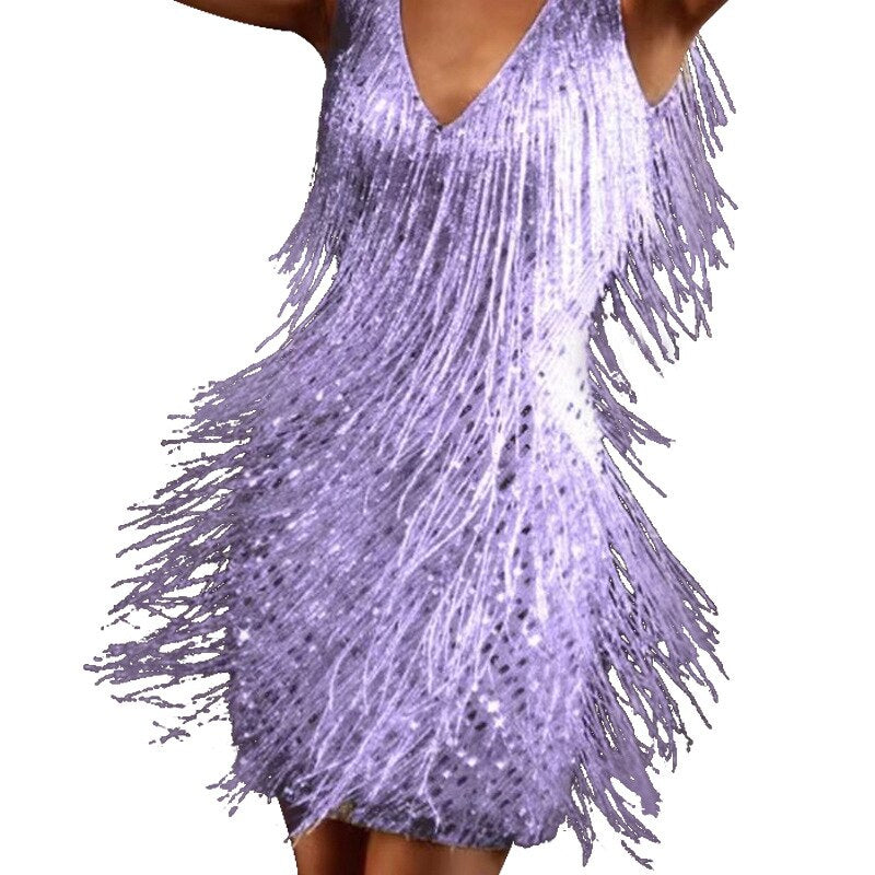 Sequin Deep V-Neck Fringe Hem Bodycon Mini Party Dress - View 3