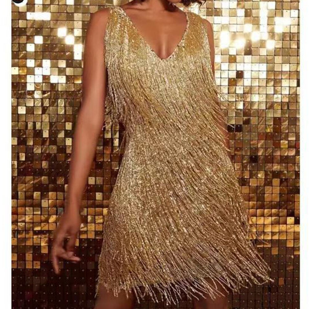 Sequin Deep V-Neck Fringe Hem Bodycon Mini Party Dress - View 5