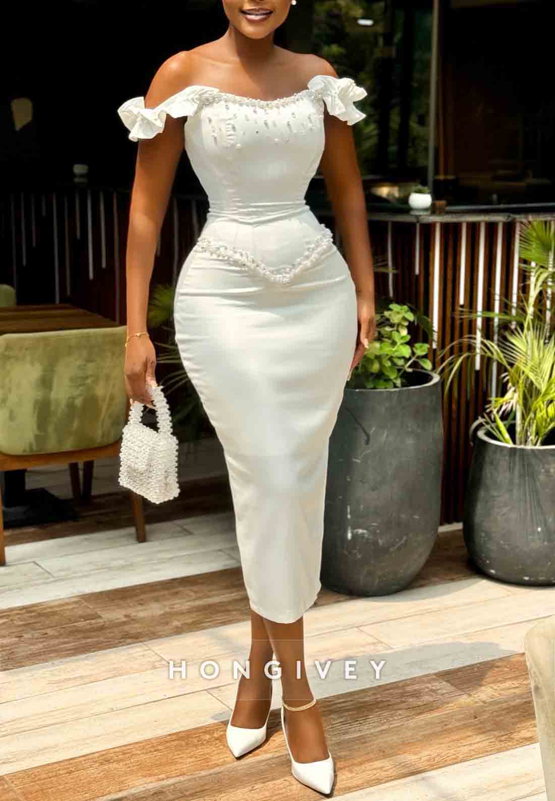 Sheath Tea-Length Off the Shoulder Beading Wedding Dresses