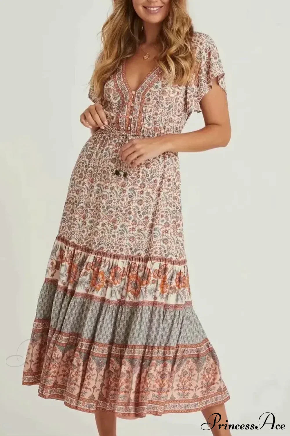 Drawstring Waist Midi Dress Vintage Floral Cotton Casual Summer Dress Beige / S bohodress-250126