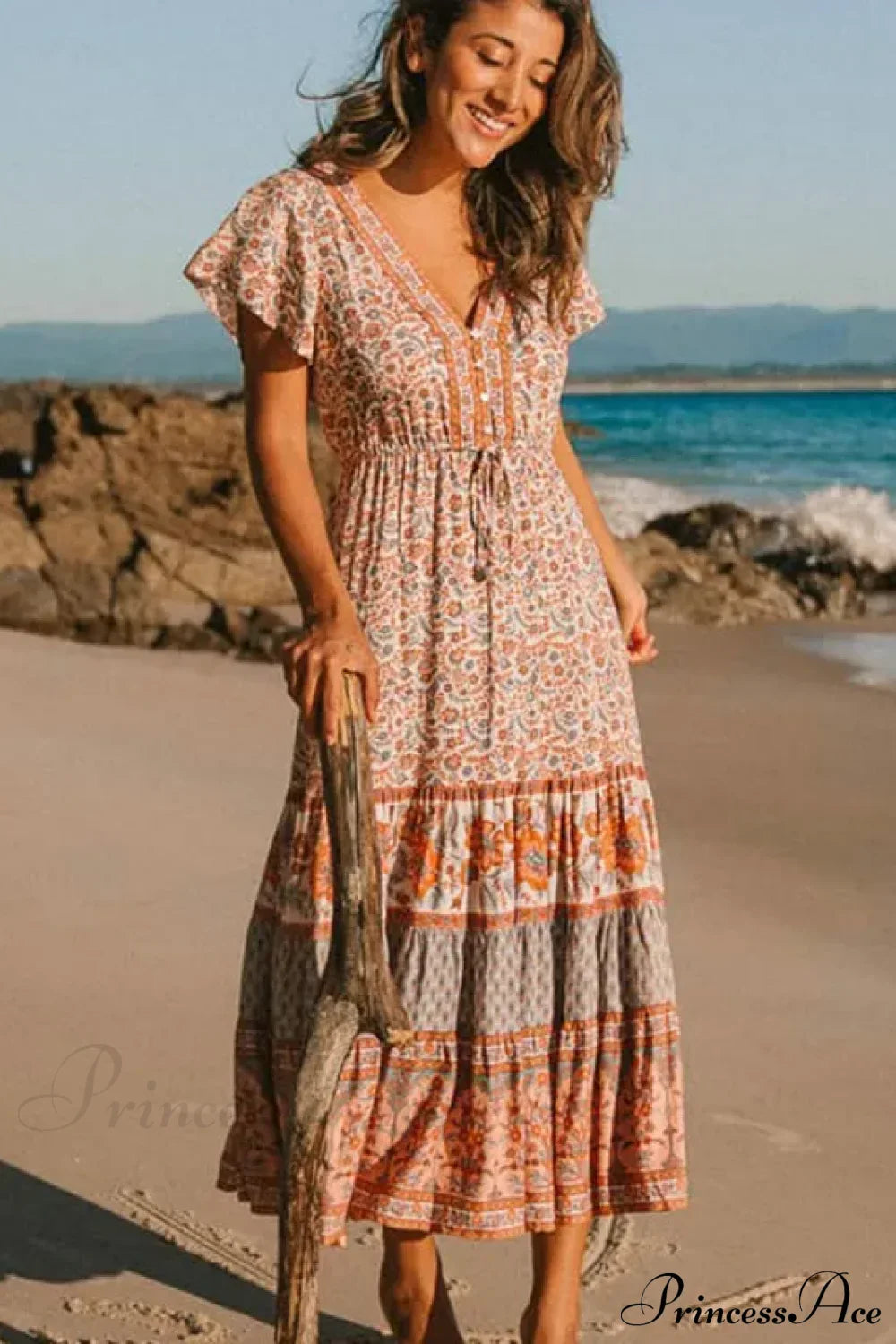 Drawstring Waist Midi Dress Vintage Floral Cotton Casual Summer Dress