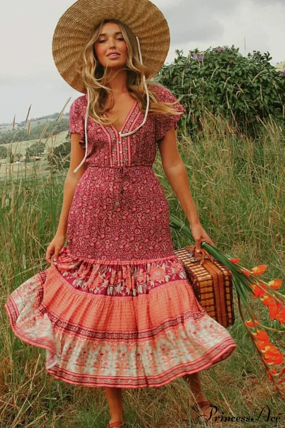 Drawstring Waist Midi Dress Vintage Floral Cotton Casual Summer Dress