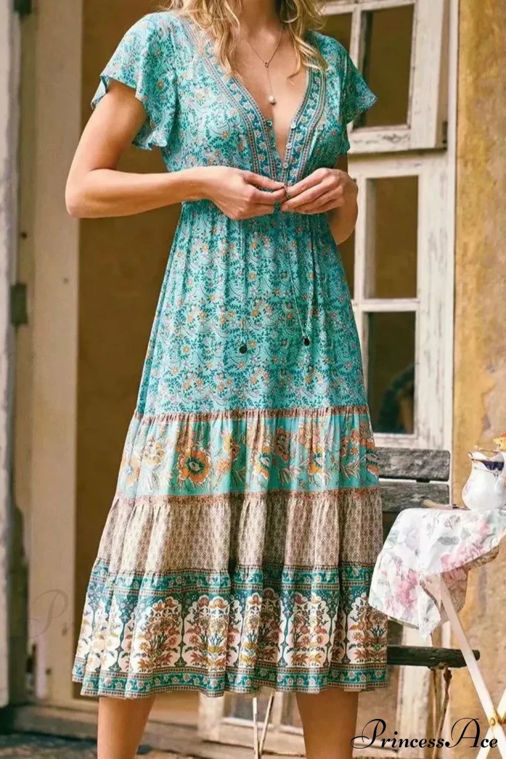 Drawstring Waist Midi Dress Vintage Floral Cotton Casual Summer Dress