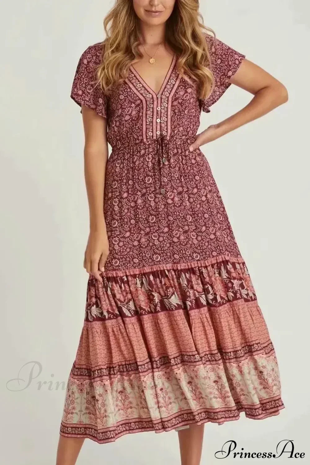 Drawstring Waist Midi Dress Vintage Floral Cotton Casual Summer Dress Red / S bohodress-250126