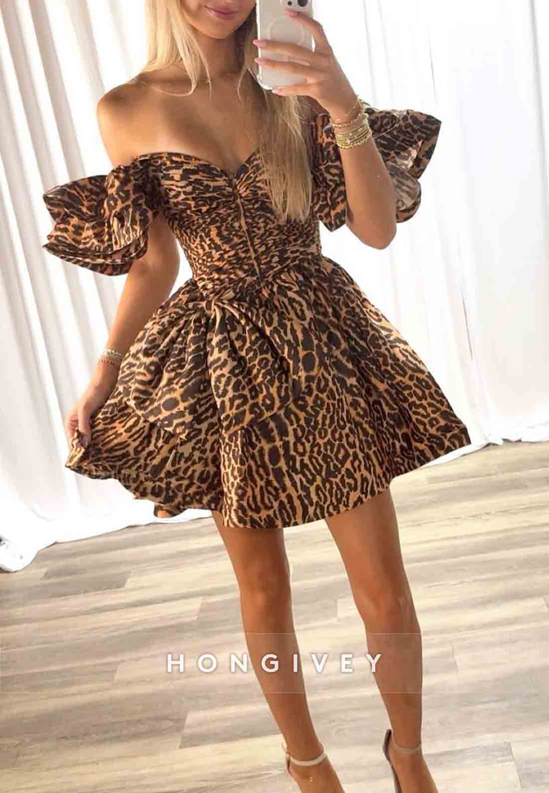 Prleopard Print Off the Shoulder Pleated Princess Mini Homecoming Dresses