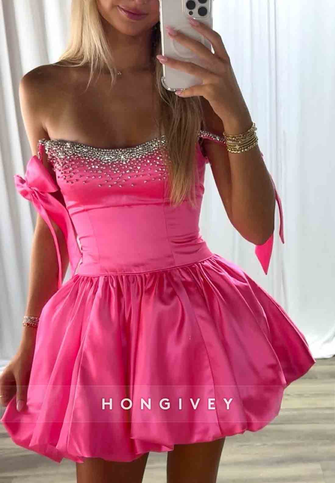 Bowknot Beading Off the Shoulder Satin Pleated Princess Mini Homecoming dresses