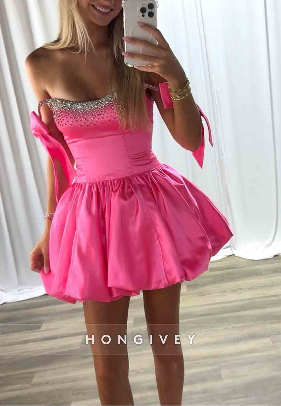 Bowknot Beading Off the Shoulder Satin Pleated Princess Mini Homecoming dresses
