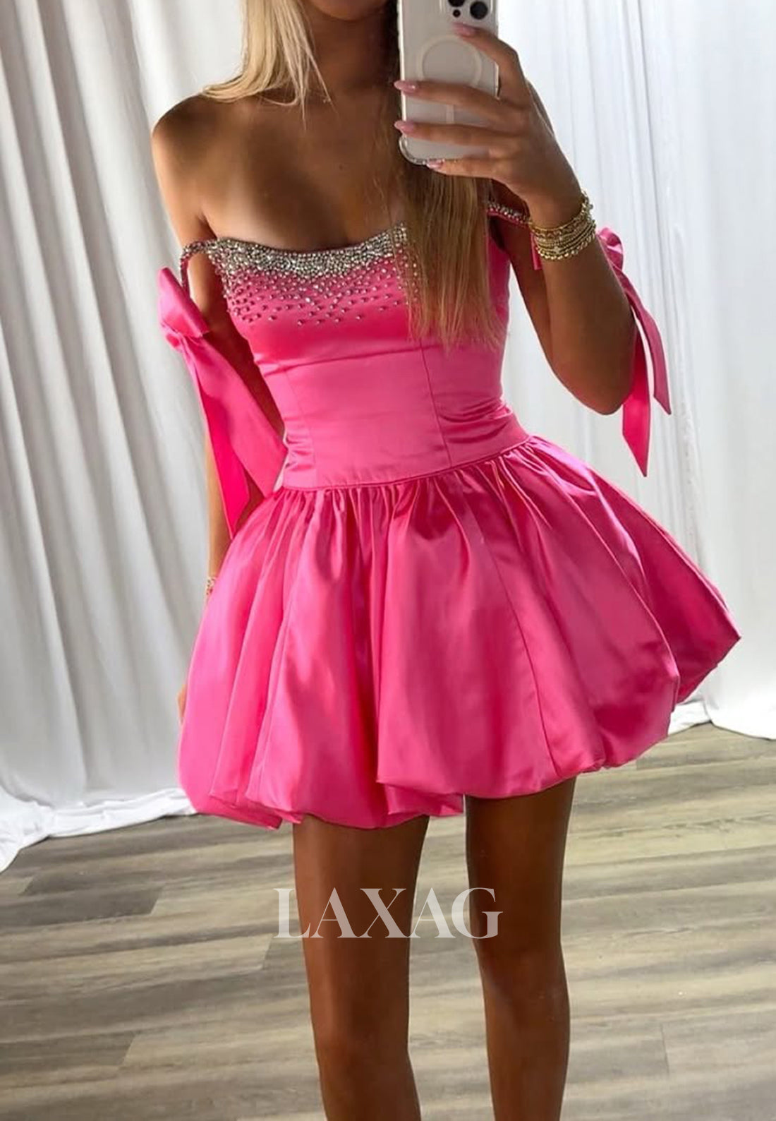 Beaded Scoop-Neck Off-Shoulder Sleeveless Pleated Satin A-Line Party Homecoming Dress