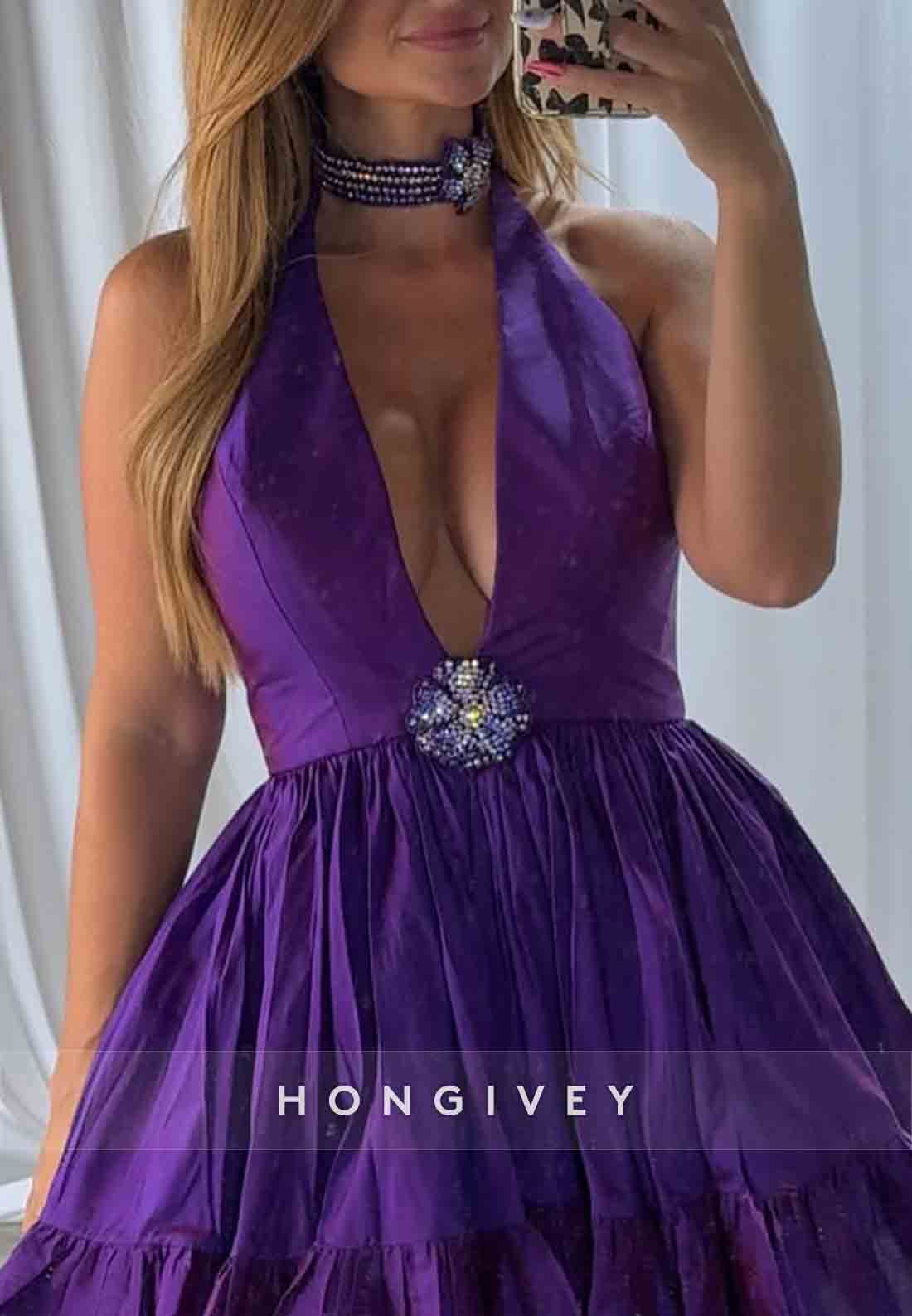 Halter Low V-Neck A-Line Sleeveless Tulle Mini Homecoming Dresses