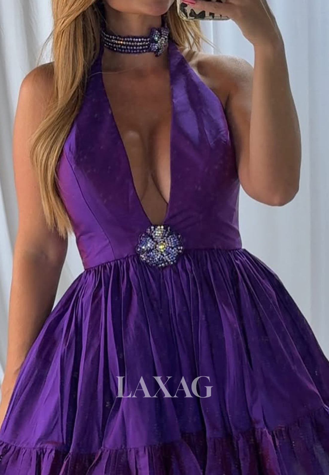Deep V-Neck Off-Shoulder Sleeveless Beaded Pleated Satin A-Line Party Homecoming Dress