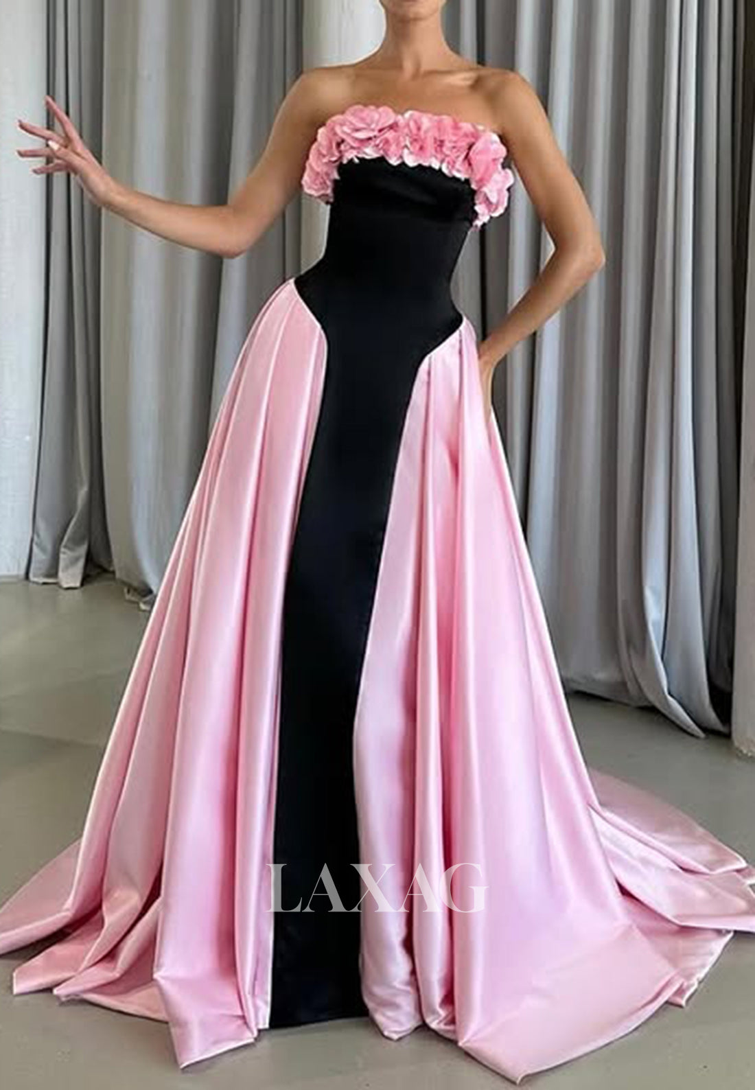 Floral Embellished Tube Top Off-Shoulder Sleeveless Party Gowns Pleated Two Tone Satin Fitted Prom Dress