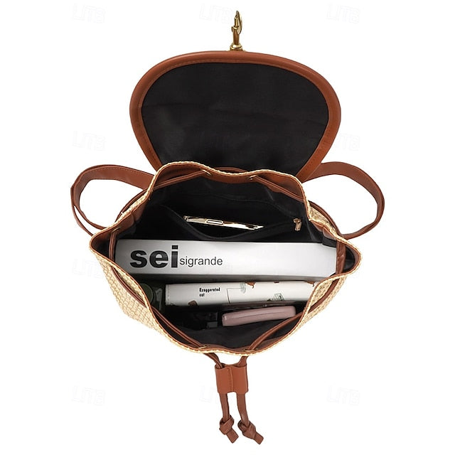 Straw Rattan with Bag Woven Boho for Backpack Travel