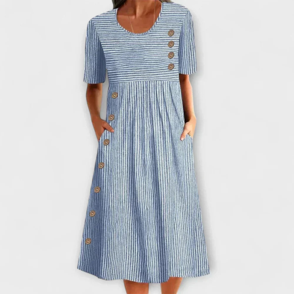 Striped Round Neck Short Sleeve Button Side Midi Dress
