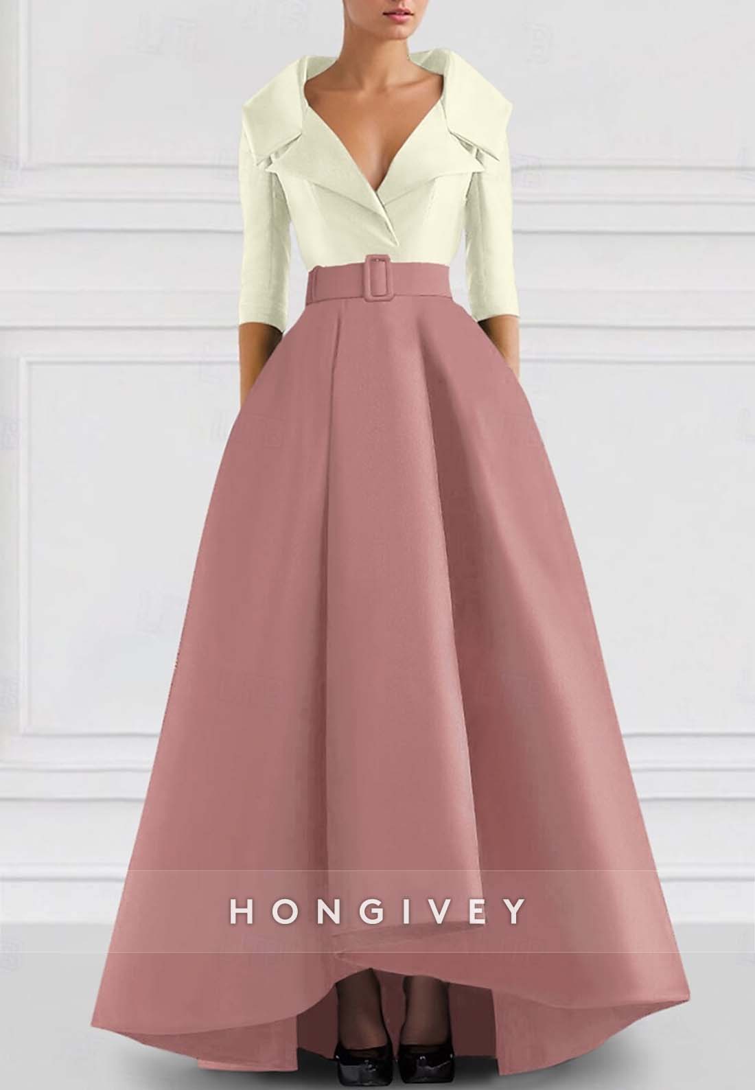 A-line Asymmetrical Evening Gown V Neck Half Sleeve Pockets Pleated Waistband Mother of the Bride