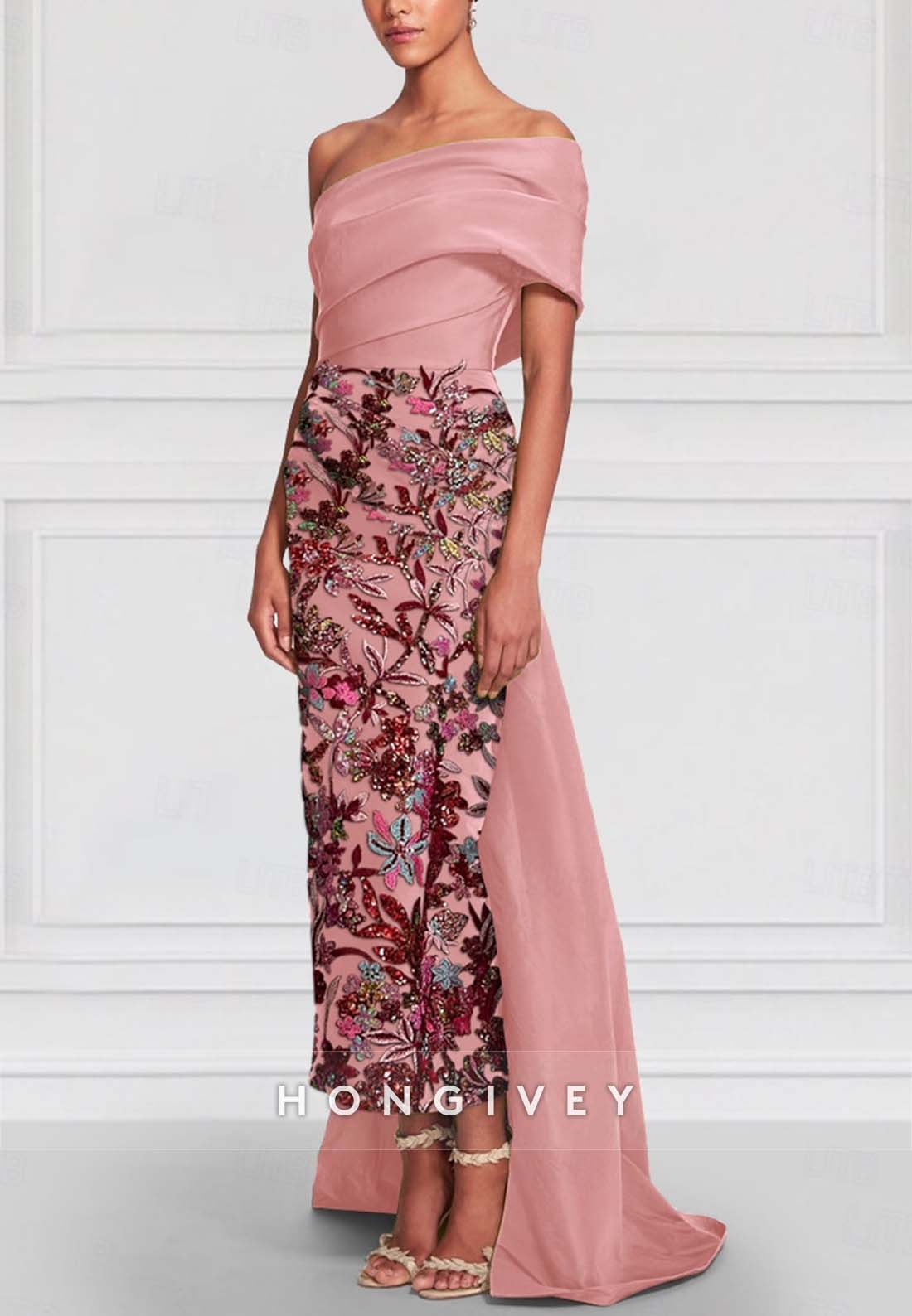 Shawl One Shoulder Asymmetrical Sheath Evening Gown Bead embroidery Mother of the Bride