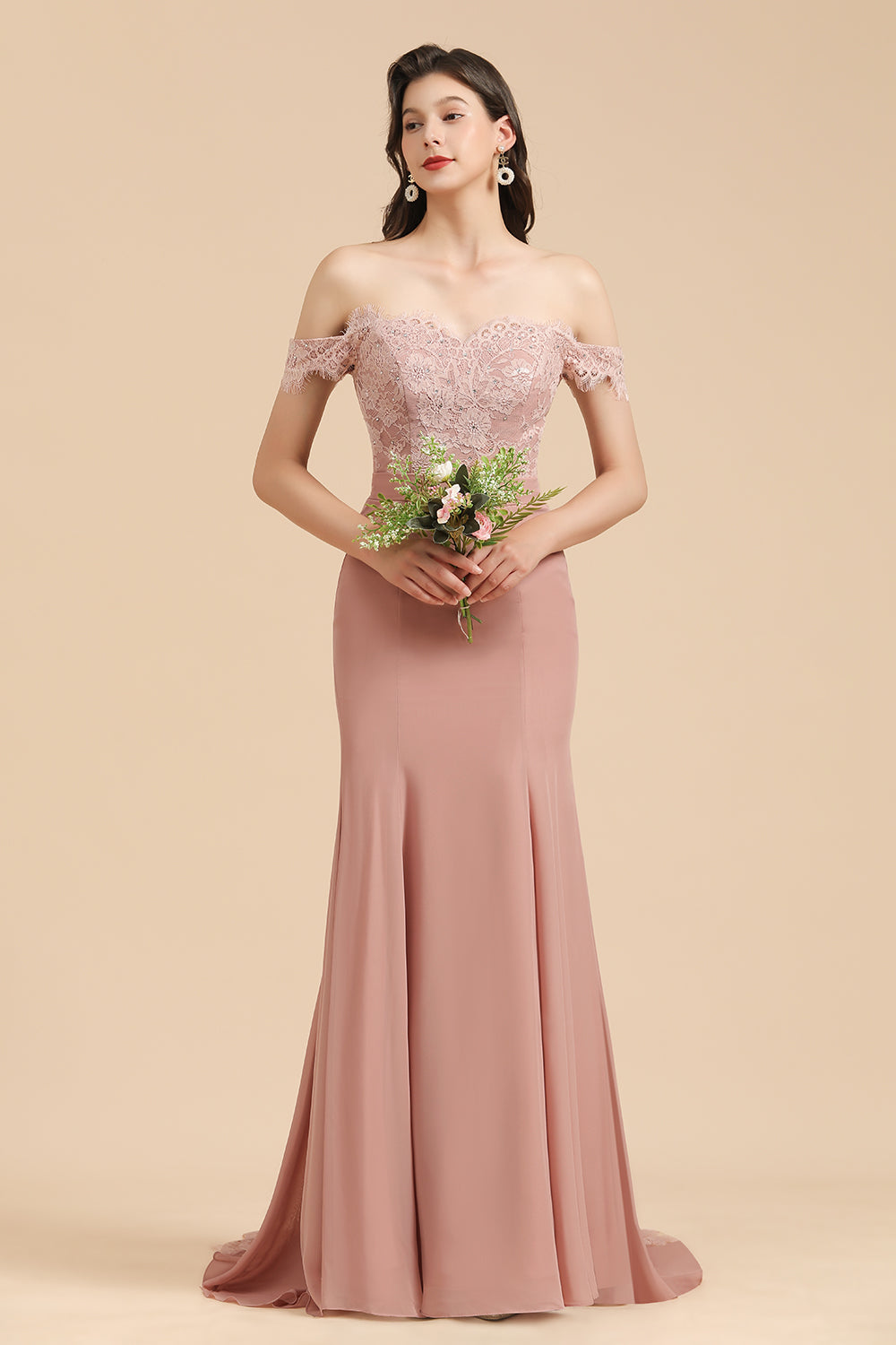 Dusty Rose Off-the-Shoulder Lace Bridesmaid Dresses - Fashionpara