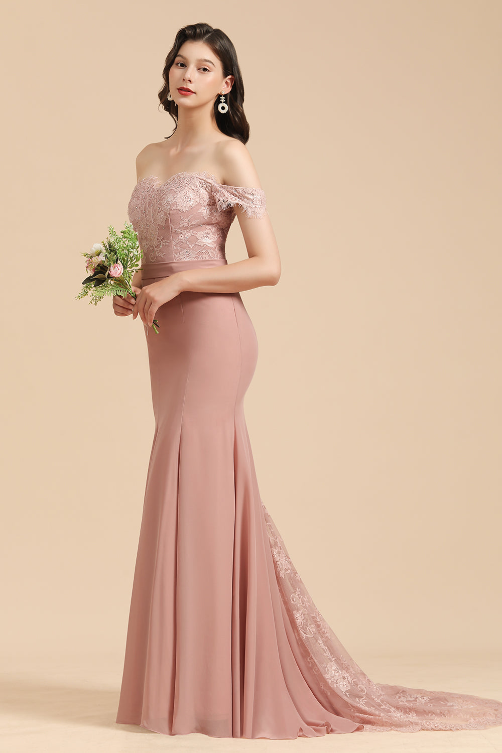 Dusty Rose Off-the-Shoulder Lace Bridesmaid Dresses - Fashionpara