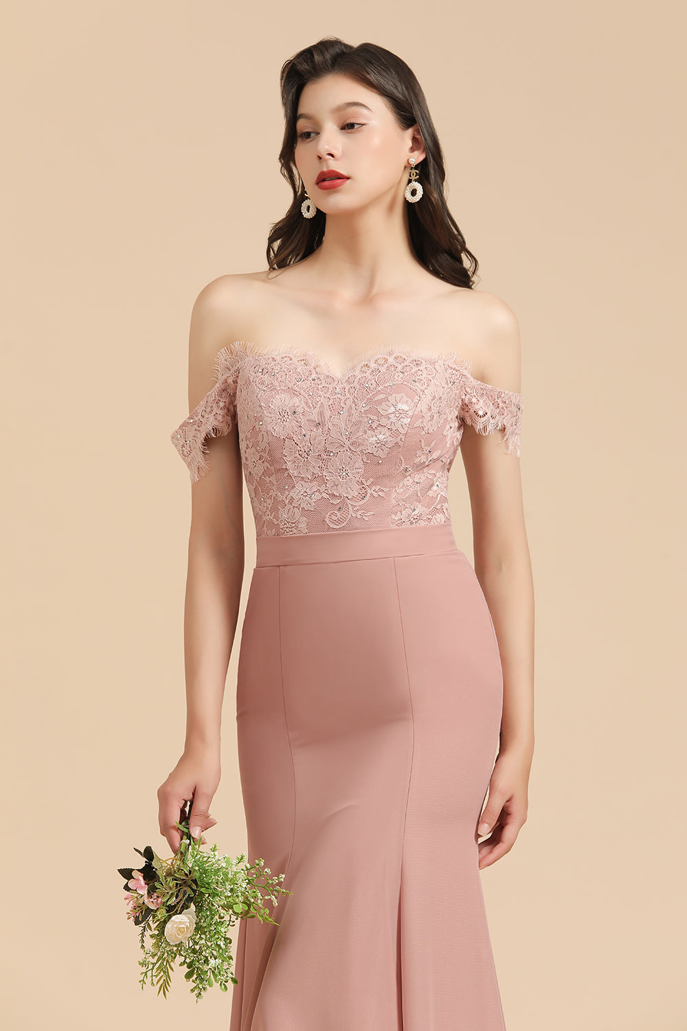 Dusty Rose Off-the-Shoulder Lace Bridesmaid Dresses - Fashionpara