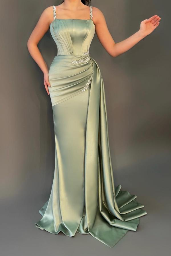 Dusty Sage Straps Prom Dress Mermaid Sleeveless With Beads - Fashionpara