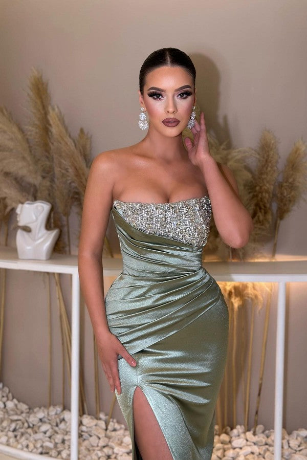 Dusty Sage Sweetheart Prom Dress Mermaid Slit Long With Beads - Fashionpara