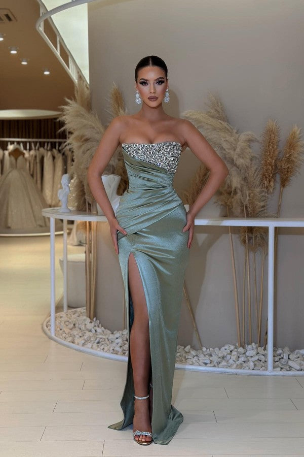 Dusty Sage Sweetheart Prom Dress Mermaid Slit Long With Beads - Fashionpara