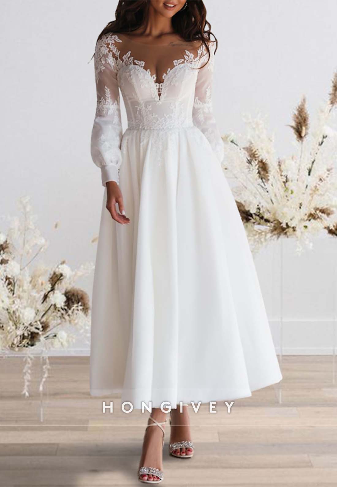 Tea-Length Pleated A-line Long Sleeve Lace V Neck Wedding Dresses