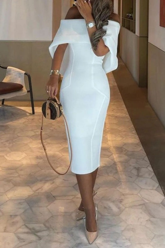 Off Shoulder Fold Crepe Bodycon Midi Dress - View 3