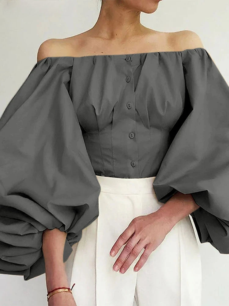 Solid Off-Shoulder Lantern Sleeve Fashion Blouse
