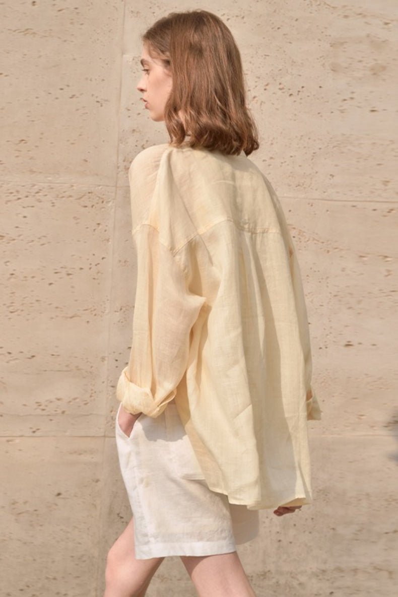 Sheer Linen Collared Long Sleeve Top