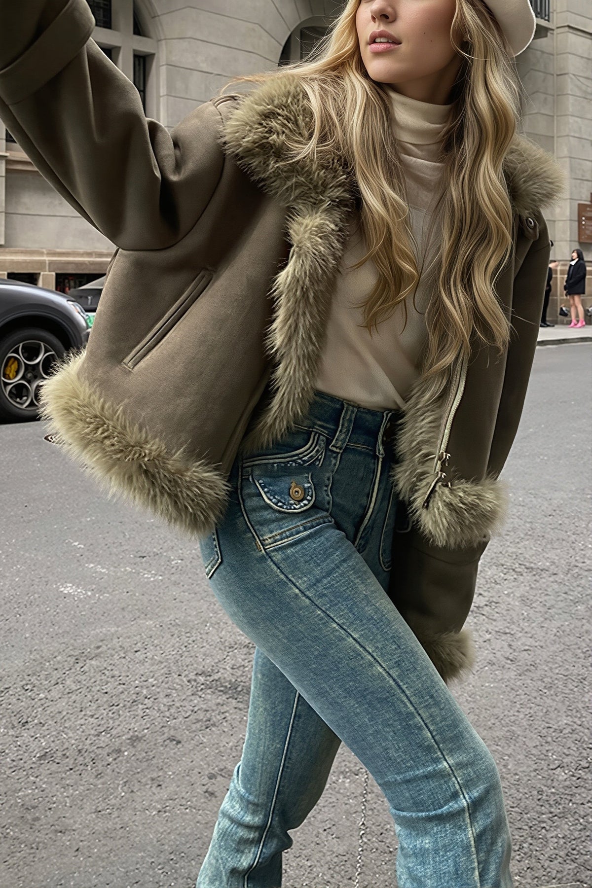 Oversized Fur Collar Suede Look Coat 3