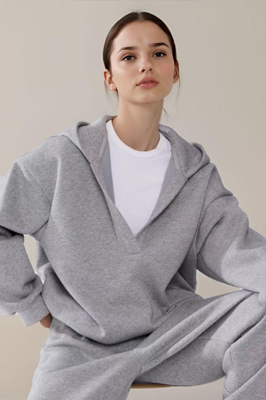 V Neck Loose Fit Pullover Hoodie
