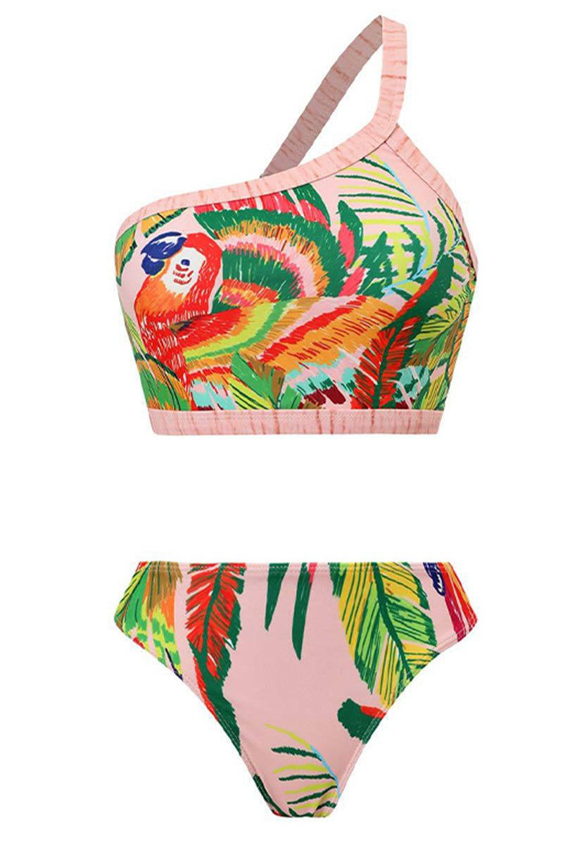 Bird Print Tassel Design One Shoulder Two Pieces Swimsuit With Cover Up - Fashionpara