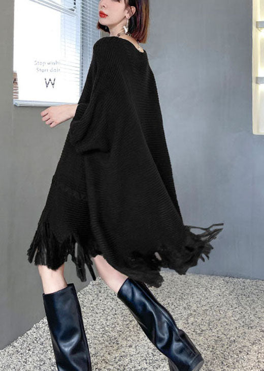 Knit Tassel Fringe Batwing Sleeve Oversized Mini Sweater Dress - View 2