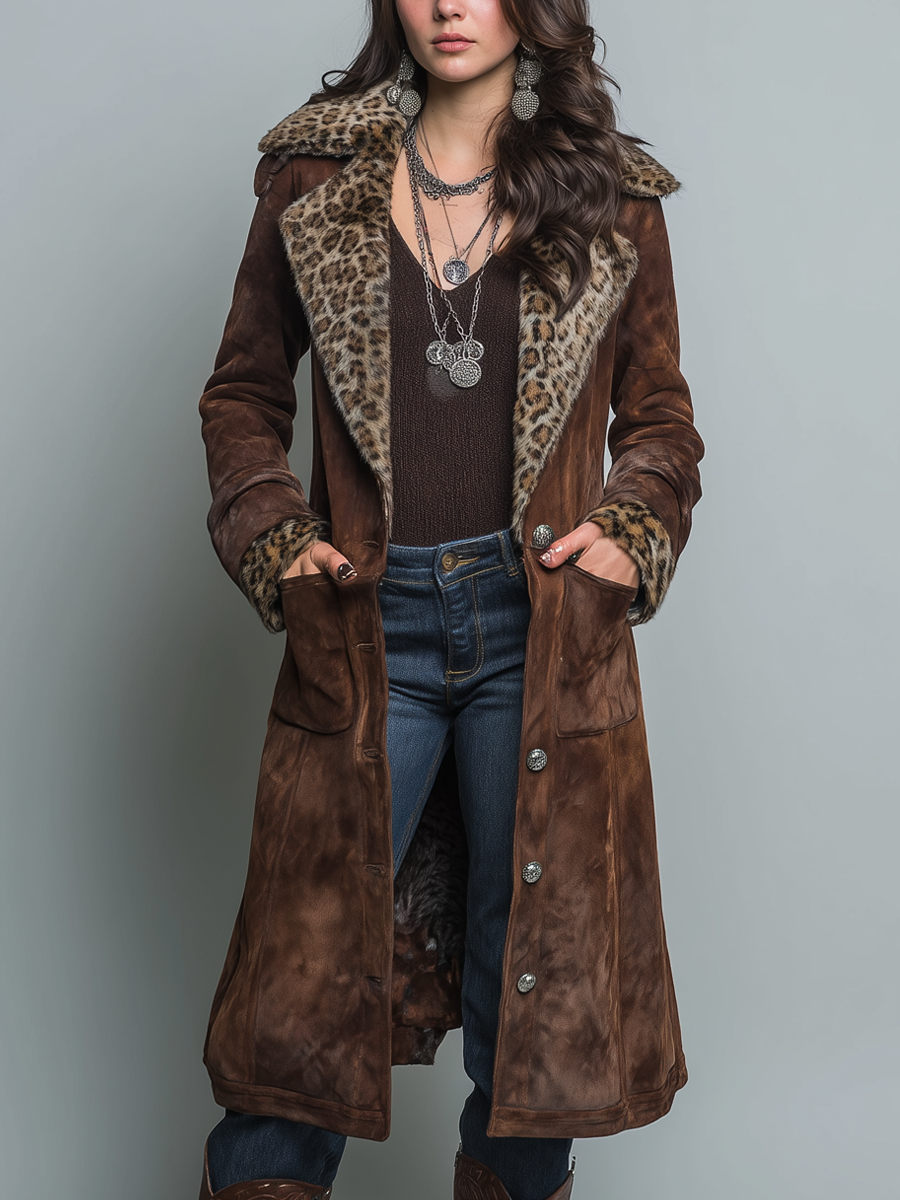 Retro Leopard Print Eco-friendly Fur Collar Polyester Suede Coat - Fashionpara