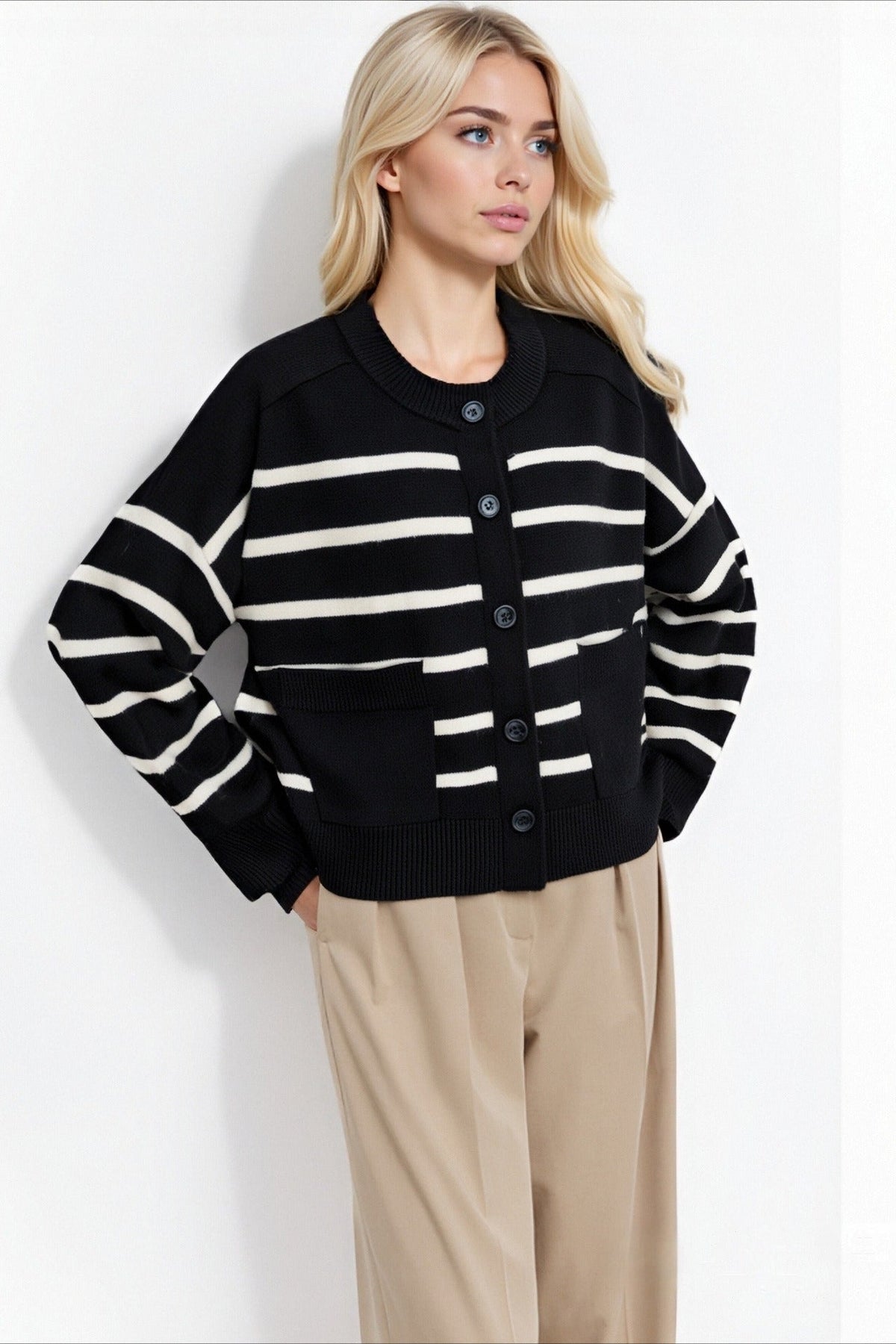 Crew Neck Striped Button Pocket Knit Cardigan 5