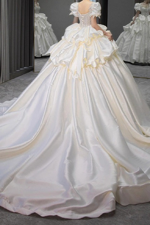 Satin Square Neck Puff Sleeve Beaded Ball Gown 4