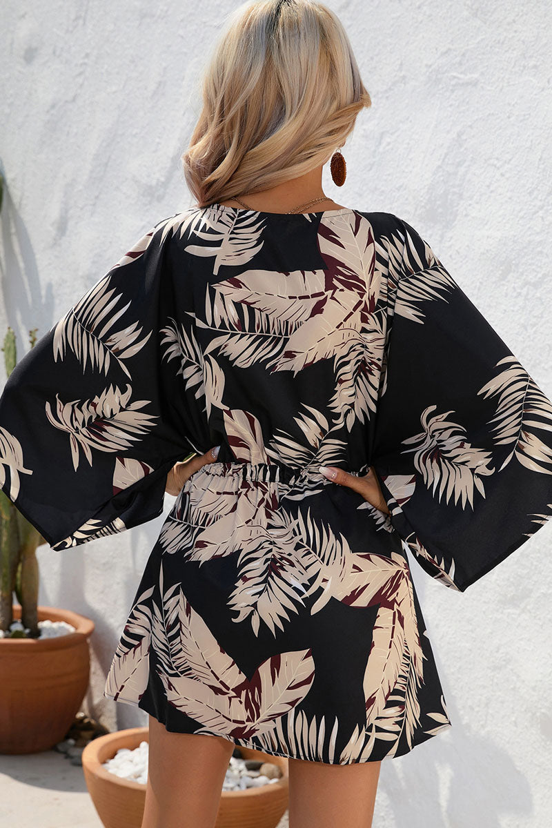 Lace-up Plants Print Yellow One-piece Romper